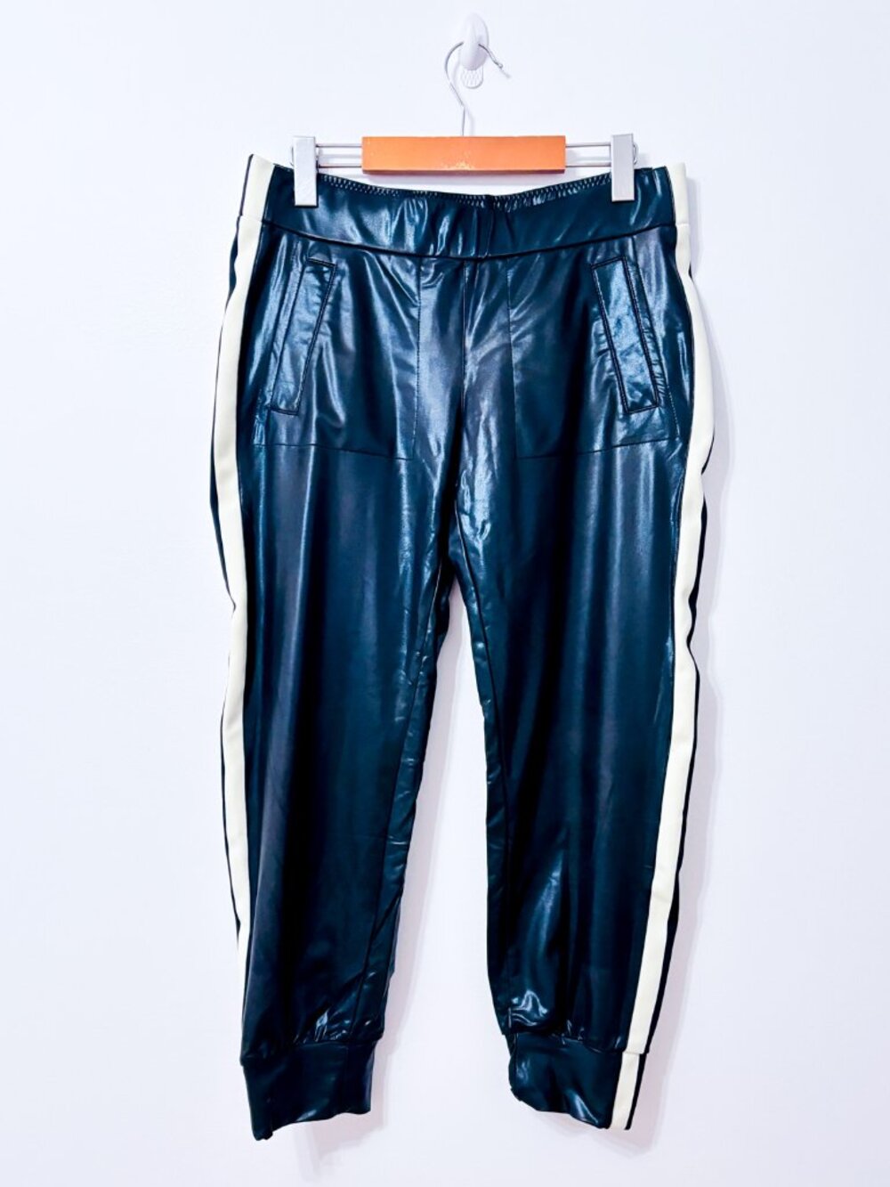 NORMA KAMALI Black Faux Leather Side Stripe Jogger Pants Colorblock Medium